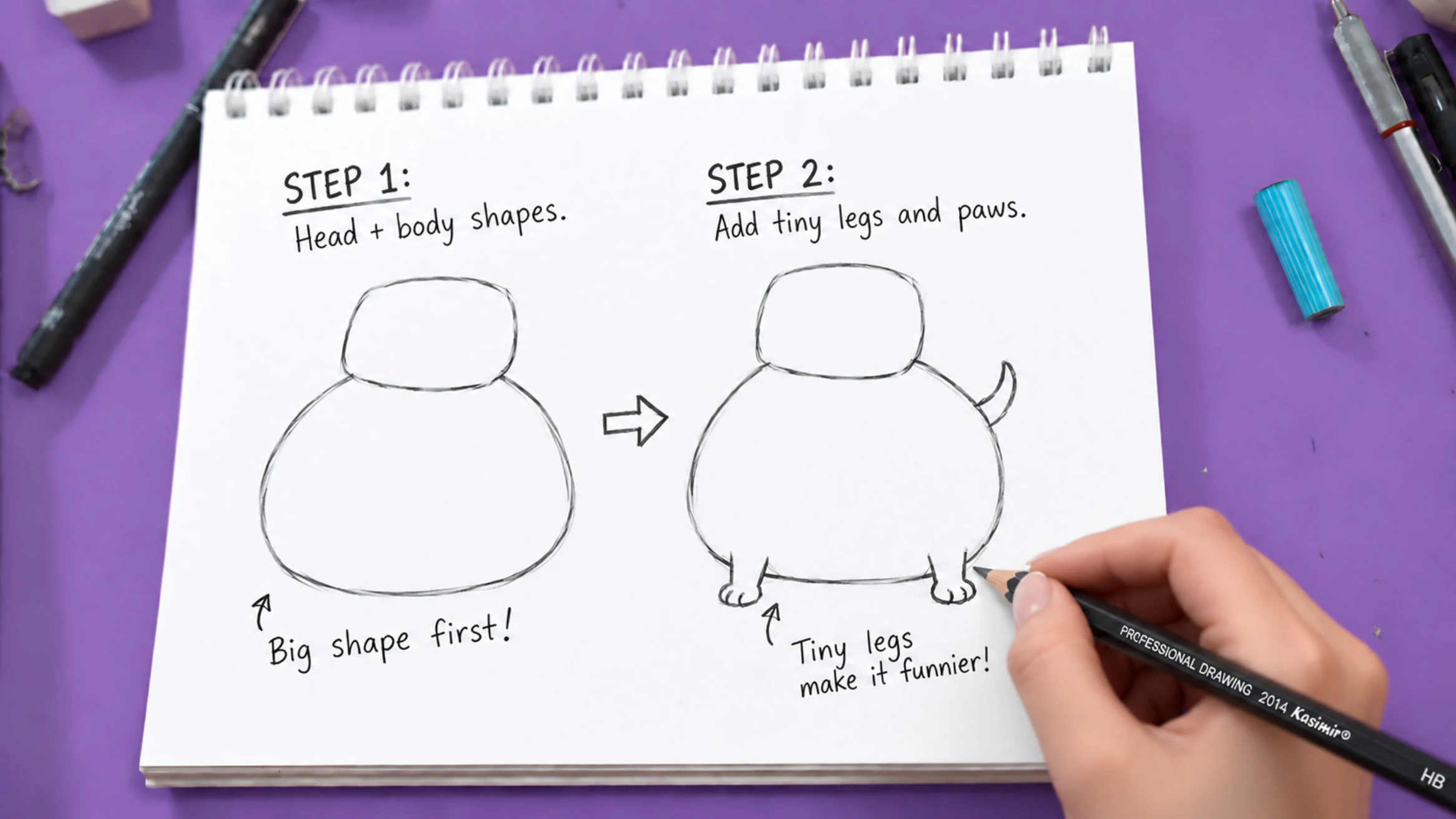 Drawing a dog from simple head and body shapes, then adding paws