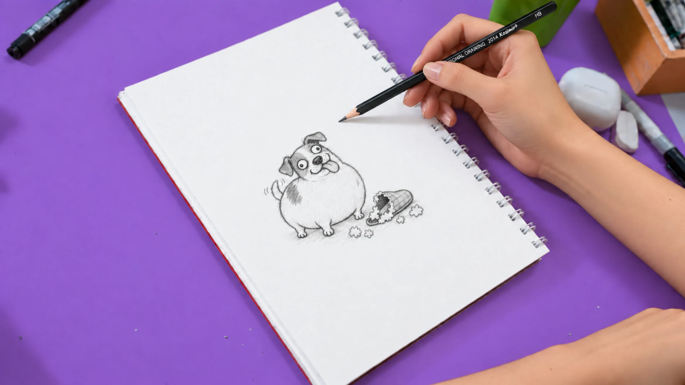 Drawing a round dog beside a chewed slipper
